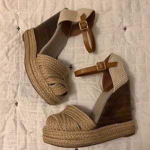 Tory Burch jute woven open toe wood wedge with ankle strap size 5.5